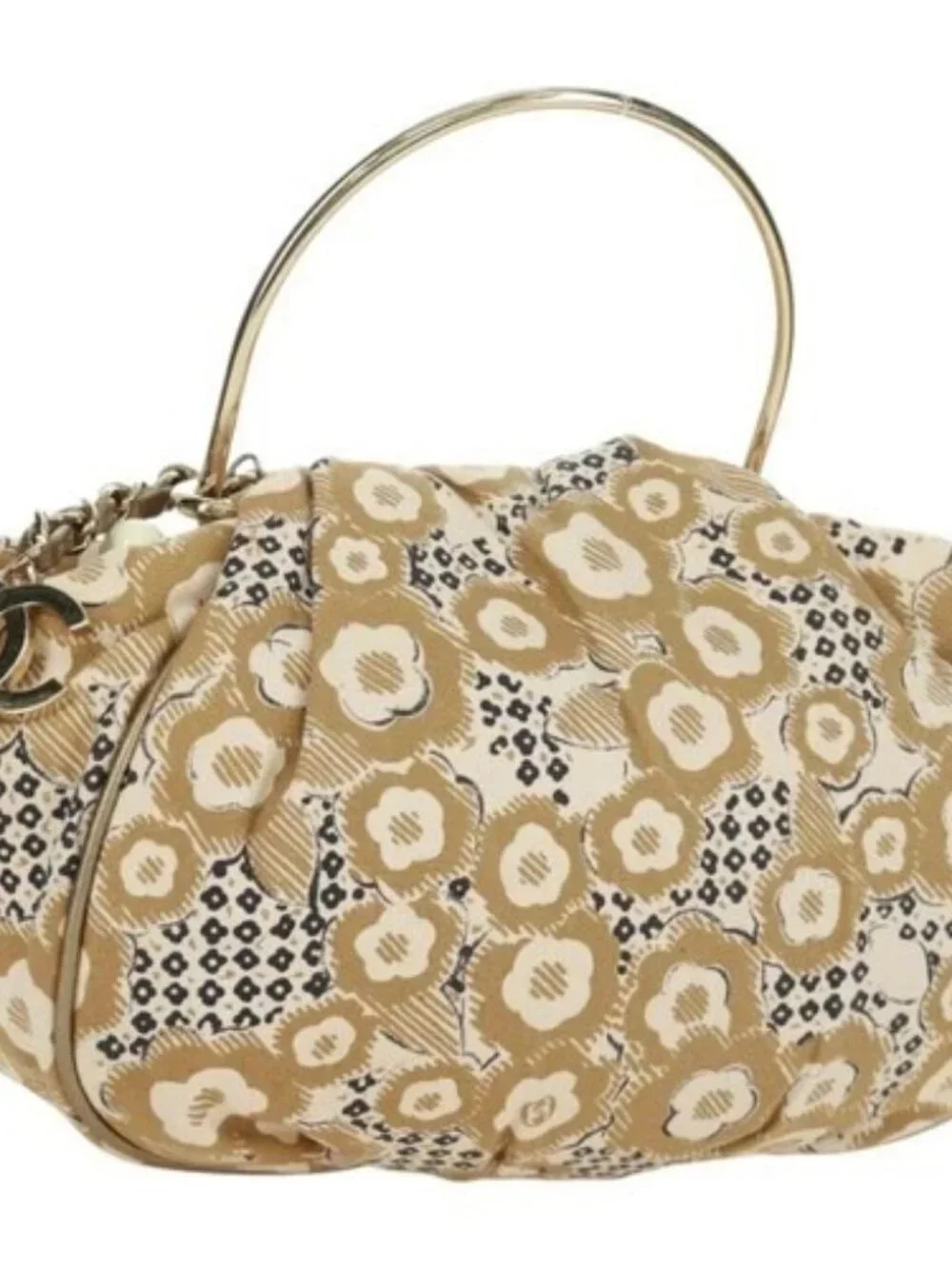 CHANEL Camelia Hand Bag Canvas Beige Gold CC Auth BAZ669V